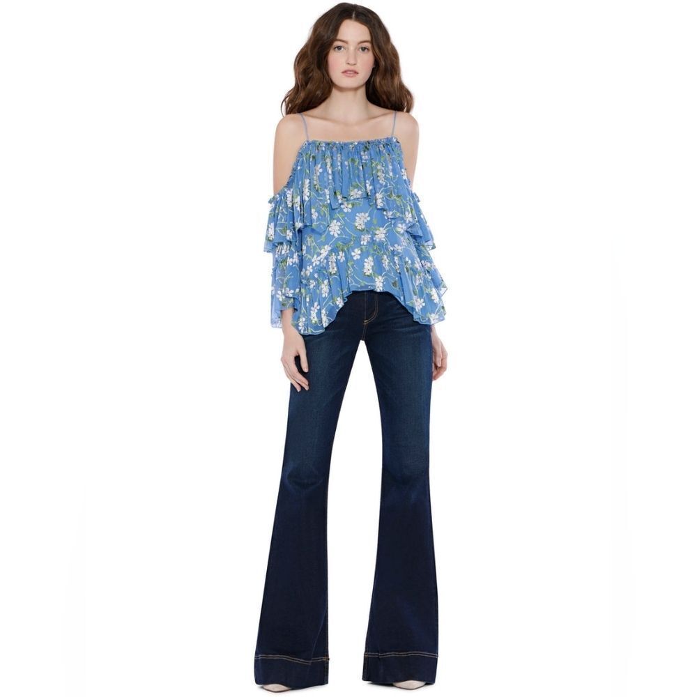 Alice + Olivia Tia Floral Print Ruffle Blouse in Blue - Size L